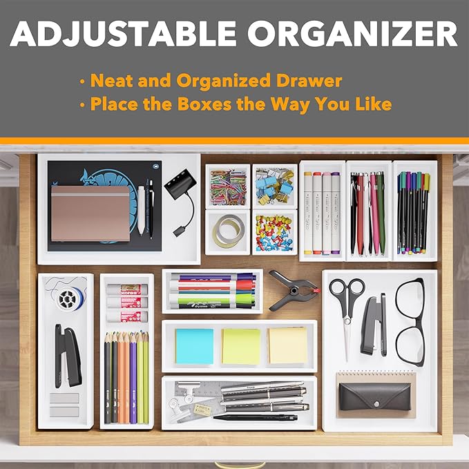 SpaceAid 14-Piece Bamboo Drawer Organizer Storage Boxes Set, Wood Tray Junk Drawer Organizers Multi-Use Divider Bins for Kitchen, Bathroom, Office Desk and Makeup Organization (14 Pack, White)