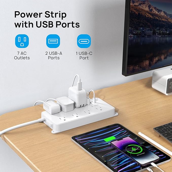 TROND Surge Protector Power Strip Flat Plug, 15ft Long Extension Cord, 7 Widely-Spaced Outlets with 2 USB-A & 1 USB-C, ETL Listed, 1700J, Wall Mountable, for Home Office Garage, White