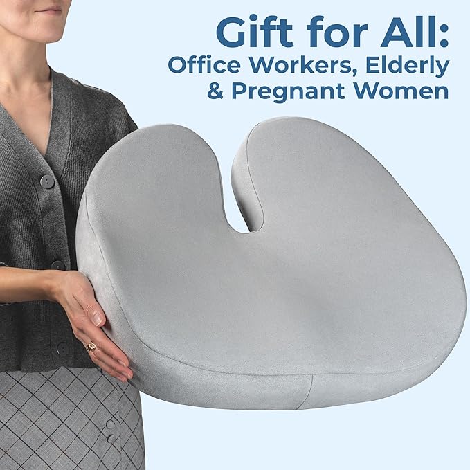 5 STARS UNITED Seat Cushion for Tailbone Pain Relief – Large Memory Foam Lifting Pillow for Coccyx, Hip, Sciatica & Post-Surgery Recovery – Wheelchair, Car, Desk, Gaming & Office Chairs, Light Gray