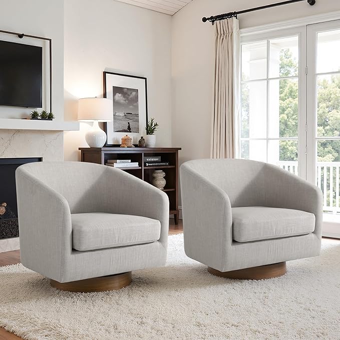 UIXE Swivel Accent Chairs Set of 2, Fabric Upholstered Barrel Chair for Living Room, Comfy Round Armchair Single Sofa Bedroom Reading Seat - 31" W, Khaki