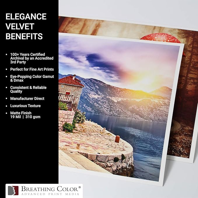 Elegance Velvet 8.5 in x 11 in, 25 Sheets is a Premium Matte 310 gsm, Cold Pressed Bright White Museum Grade Fine Art Inkjet Paper, Compatible with Most Dye-Based and Pigment Printers