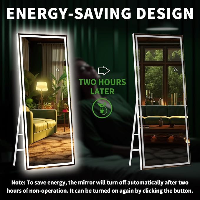 Hasipu Full Length Mirror with Lights, 71" x 24" LED Lighted Floor Standing, Full Body Dressing Hanging Mounted Mirror, Dimmable, Tempered Glass, Safe to Use, Square Black