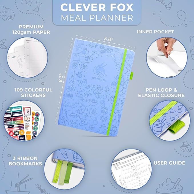 Clever Fox Weekly Meal Planner - Weekly & Daily Meal Prep Journal with Shopping and Grocery Lists for Menu Planning, Healthy Diet & Weight Loss Tracking, Lasts 1 Year, Undated, A5 - Light Blue