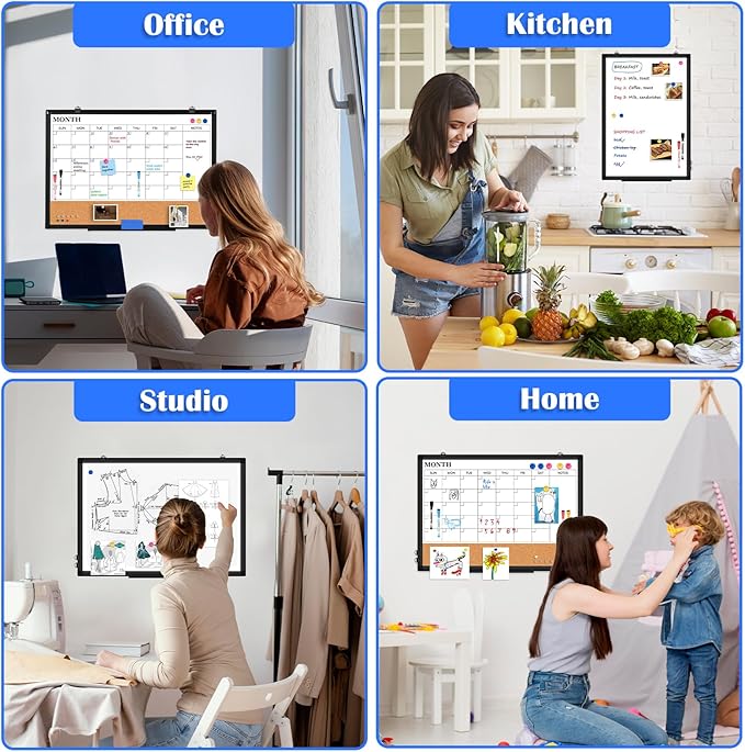 Monthly Calendar Whiteboard Dry Erase Cork Board Combo, 24" x 18" Magnetic Double-Sided Calendar White Board and Bulletin Board with Black Aluminium Frame, Portable Whiteboard for Office, Home, School