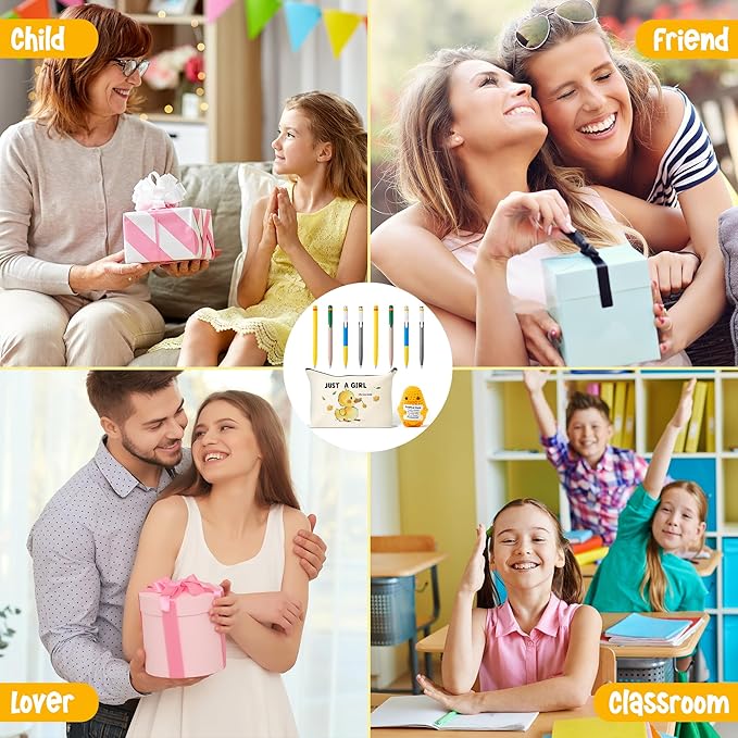 Ducks Gel Ink Pens - 10Pcs Happy Knitted Duck Stress Relief Stationery Set Little Yellow Duck Accessories Lovely Retractable Gel Pens Zipper Organizer Pen Pouch Kids' Birthday Party Favor Gift