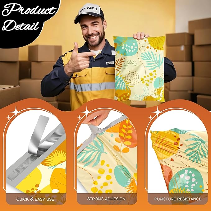 Colorful Leaves Poly Mailer 10x13 Inch 100 Pcs, Waterproof Shipping Bags for Clothing, Tear-Resistant Mailier Bags, Strong Mailing Bags with Self-Seal