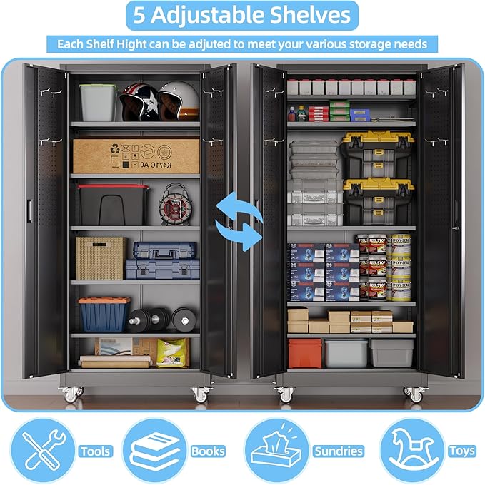 Aobabo Upgraded Garage Storage Cabinets with Wheels,Metal Storage Cabinets with 5 Adjustable Shelves for Garage Home Office Storage, Black,71''H*32''W*16''D,Assembly Required