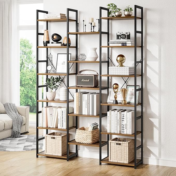 NUMENN Triple Column 6 Tier Bookshelf, Bookcase with 17 Open Display Shelves, Adjustable Rustic Industrial Style Book Shelves, Modern Bookshelves for Bedroom, Living Room and Home Office, Vintage