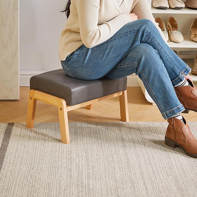 IBUYKE 10.2” H Small Foot Stool Ottoman, Rectangle PU Faux Leather Foot Rest with Padded Seat and Wood Legs, Modern Accent Ottoman Foot Rest for Living Room Bedroom Couch Office, Grey WBD013G