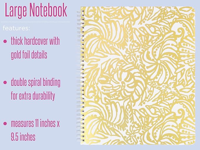 Lilly Pulitzer Gold Large Hardcover Spiral Notebook, 11" x 9.5" with 160 College Ruled Pages, Beach Haven