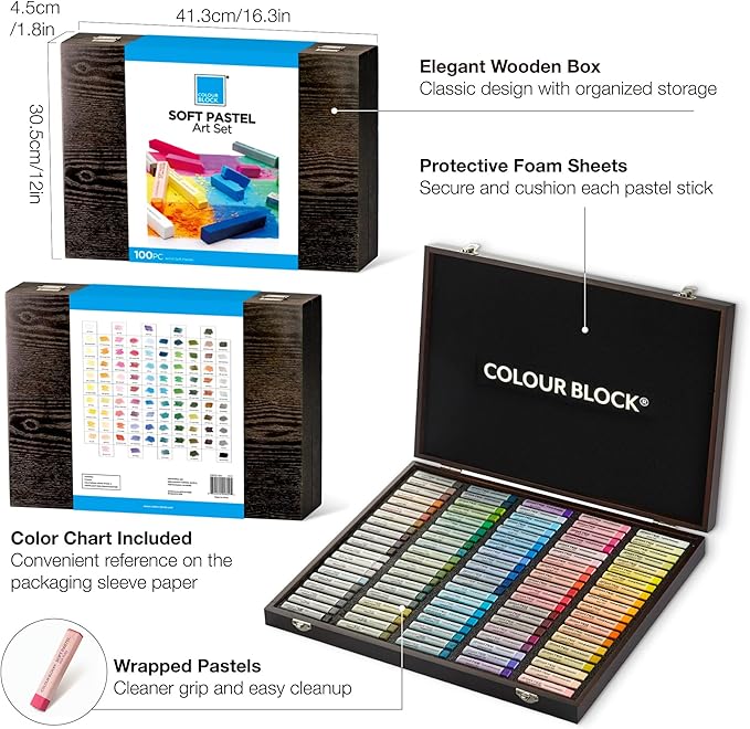 COLOUR BLOCK Soft Pastels for Artists - 100 Colors Square Chalk Pastels Set in Wooden Box - Vibrant Pigments Art Kit for Painting, Drawing, Sketching, Hobbyists, Students and Kids.