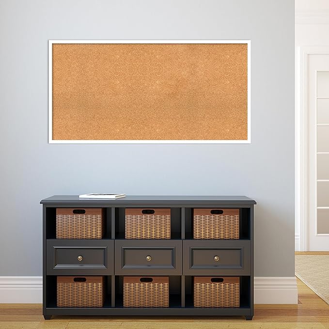 Amanti Art Natural Cork Board for Wall, 25x49 Vision Board with White Frame, Oversize Corkboard Office Decor for Home Organization, Modern Corkboard Pinboard to Display Items for Home Organization in