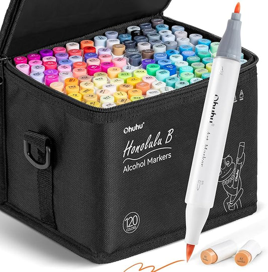 Ohuhu Alcohol Markers Brush Tip -Double Tipped Art Marker Set for Artist Adults Coloring Illustration -120 Colors -Brush &Fine -Honolulu B-Refillable