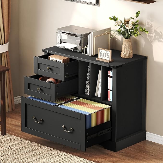 Farmhouse File Cabinet, Lateral Filing Cabinet with 3 Drawers and Folder Organizer, Office Storage Cabinet for A4 Letter Size Files, Printer Stand with Storage for Home Office, Black