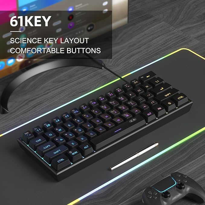 MageGee Mini 60% Gaming Keyboard, RGB Backlit 61 Key Ultra-Compact Keyboard, TS91 Ergonomic Waterproof Mechanical Feeling Office Computer Keyboards for PC, MAC, PS4, Xbox ONE Gamer(Black)