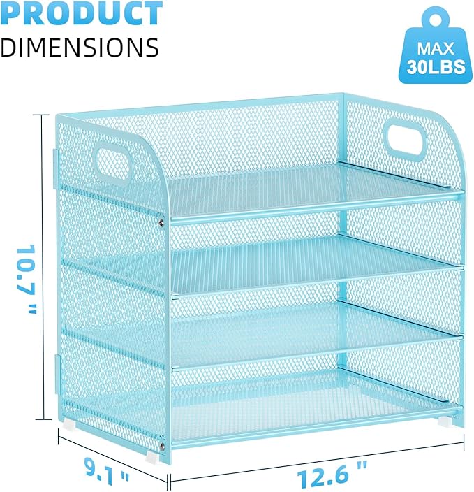 Marbrasse 4 Tier Paper Organizer Letter Tray - Mesh Desk File Organizer with Handle, Paper Sorter Organizer for Letter Office File Folder Holder (Blue, 12.6" x 9.1" x 10.7")