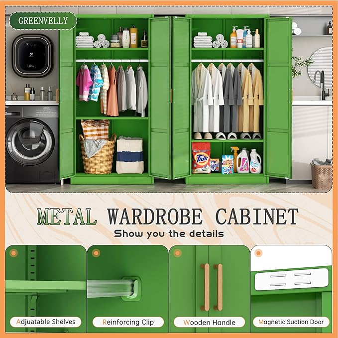 Greenvelly Metal Wardrobe Cabinet with Wooden Handle, 72" Metal Wardrobe Closet with Hanging Rods and Adjustable Shelves, Clothing Storage Closet Cabinet for Home, Office, Employee, Gym (Green)