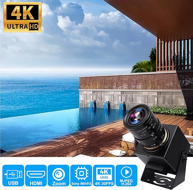 SVPRO 4K Webcam - HDMI/USB Dual Interface, Manual Zoom, 2.8-12mm CS Mount Lens for Close-up, CMOS IMX415 Industrial Camera for Machine Vision