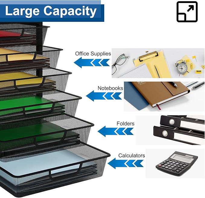 Natwind Mesh Desk Organizer with 6 Tier Sliding Drawers, Paper Sorter, Multi-Functional Home Office Supplies Storage Tray for Letters, Documents, Books, Mail, Files, Arts & Crafts Supplies - Black