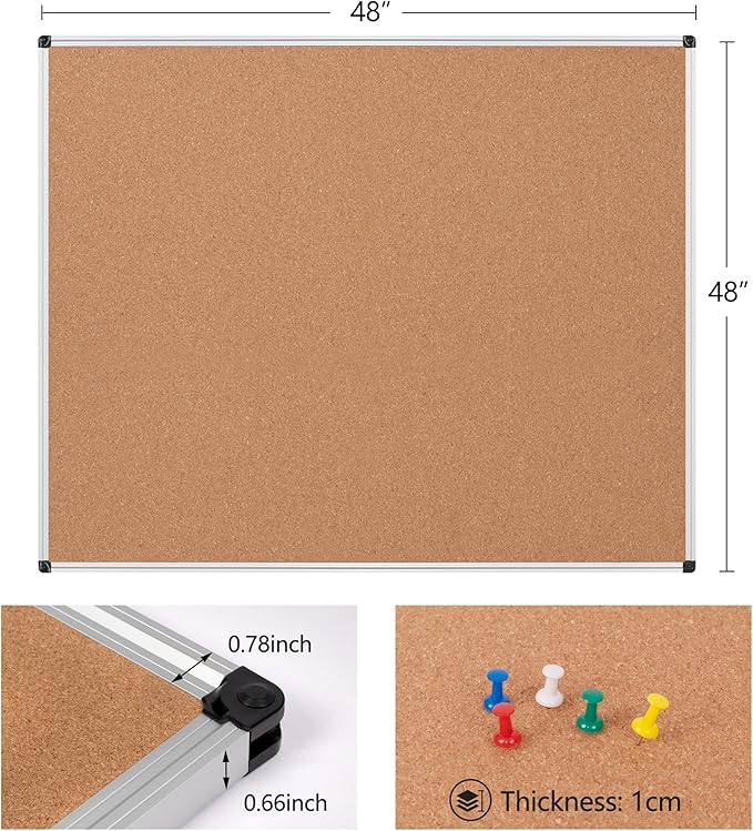 Board2by Extra Large Cork Bulletin Board 48" X 48", Silver Aluminum Framed 4'x4' Corkboard for Wall, Wall Mounted Notice Pin Board with 18 Push Pins for School, Home & Office