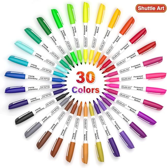 Shuttle Art 30 Colors Permanent Markers, Fine Point, Assorted Colors, Works on Plastic,Wood,Stone,Metal and Glass for Kids Adult Coloring Doodling Marking