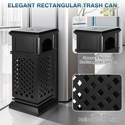 IRONWALLS Indoor/Outdoor Trash Can with Lid, Heavy Duty Steel Garbage Can with Removable Bin, Locking Lid, 16”x16”x35.4” Dual Sided-Open Commercial Trash Can Large for Patio, Backyard, Office, Black