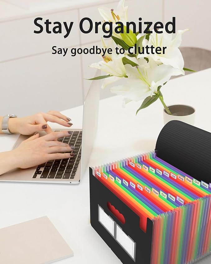 Expanding File Folder, 24 Pocket Accordion A4 Letter Size Portable Document Organizer with Colored Tabs, Expandable Bill Coupon Folder - Black