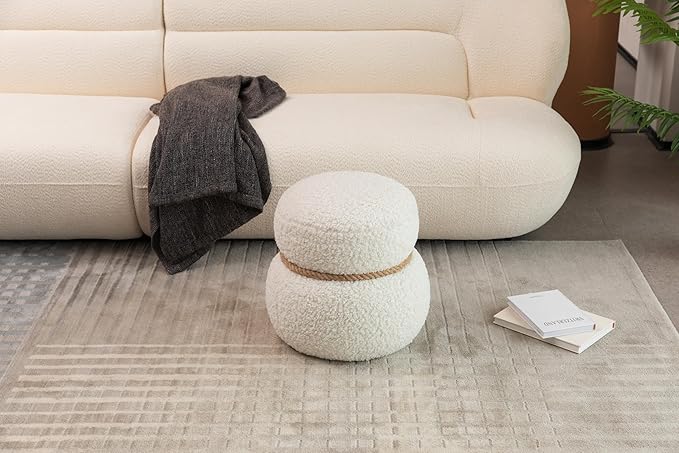 MEETAKING Small Round Foot Stool, Teddy Fabric Footrest Ottoman Stool with Non-Skid Legs, Modern Footstools Step for Couch, Desk, Office, Living Room (Beige)