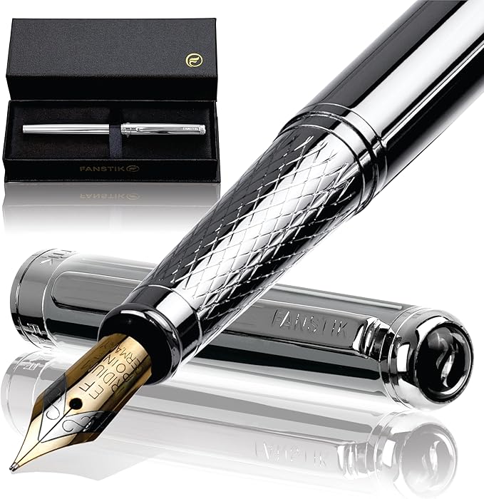 Customized Silver Luxury fountain pen (Made In USA) fancy gift set for women, Chrome Finish, Professional executive pen gift set for men (Lux Custom-fountain Silver)