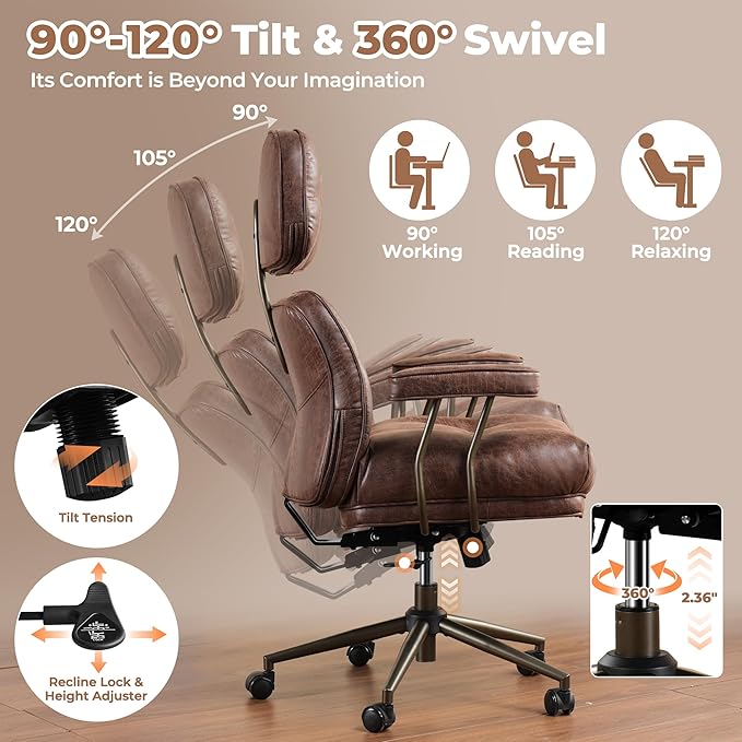 ovios Ergonomic Home Office Chair, Mid-Century Modern Faux Leather Chairs with Thickened Cushions, Comfy High Back Swivel Rolling Executive Computer Armchair (Dark Brown, Suede Leather)