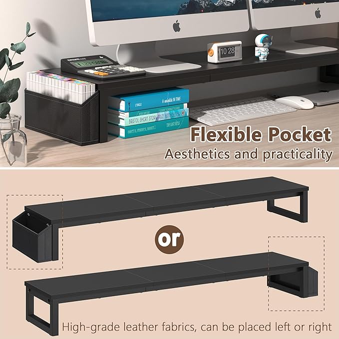 LAND·VOI Dual Monitor Stand Riser,41.5'' Long Monitor Stand for 2 Monitors, Wood and Steel Computer Monitor Stand, Desktop Oraganizer with Pen Holder, Monitor Riser for Desk Computer,Laptop,TV, Black