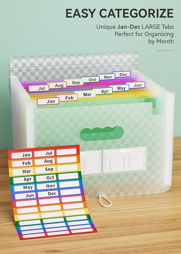 ABC life 12 Pockets Accordion File Organizer Expanding File Folders, Portable Monthly Bill Receipt Document Organizer, Expandable Accordian Filing Folder Letter A4 Size, Colored Tabs (Green)