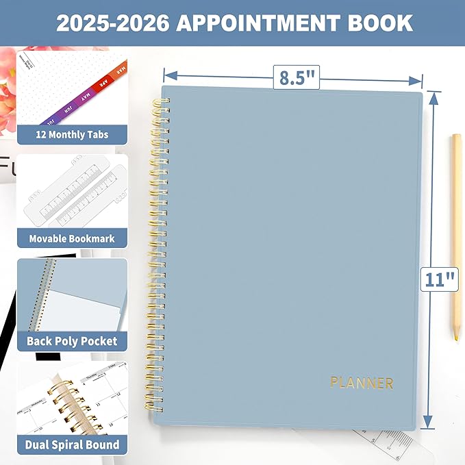 SUNEE 2025-2026 Appointment Book, Quarter-Hourly, Weekly & Monthly - from July 2025 to June 2026, 8.5"x11" Academic Planner, Flexible Cover, Note Pages, Pockets, Bookmark, Spiral Binding, Blue