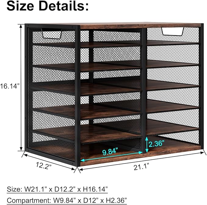 PAG Mass Mail Sorter - Adjustable Mail Holder, Countertop Literature Organizer, Student Mailbox for Classroom, Desktop Bill Paper Organizer for Office Home School, 12 Compartments, Brown