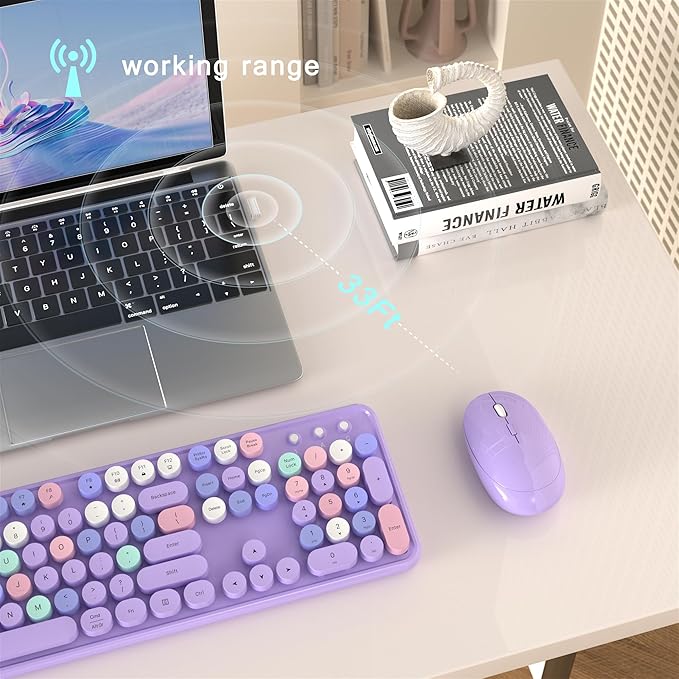 Colorful Wireless Computer Keyboard and Mouse Combo with Round Typewriter Keycaps, Retro Design, Power Switch, Ergonomic Design, 2.4GHz Wireless for Windows, Mac, PC(Purple-Colorful)