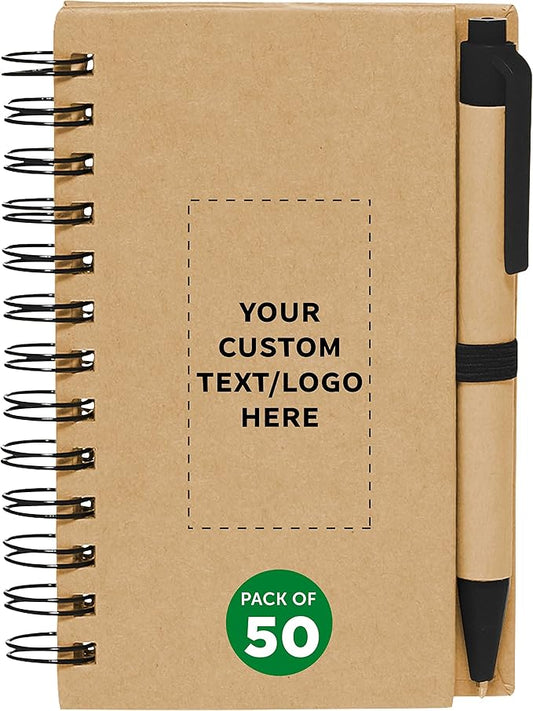 Custom Mini Spiral Notebooks with Black Ink Pens Set of 50, Personalized Bulk Pack - Perfect for School, Office, Business, Home - Black