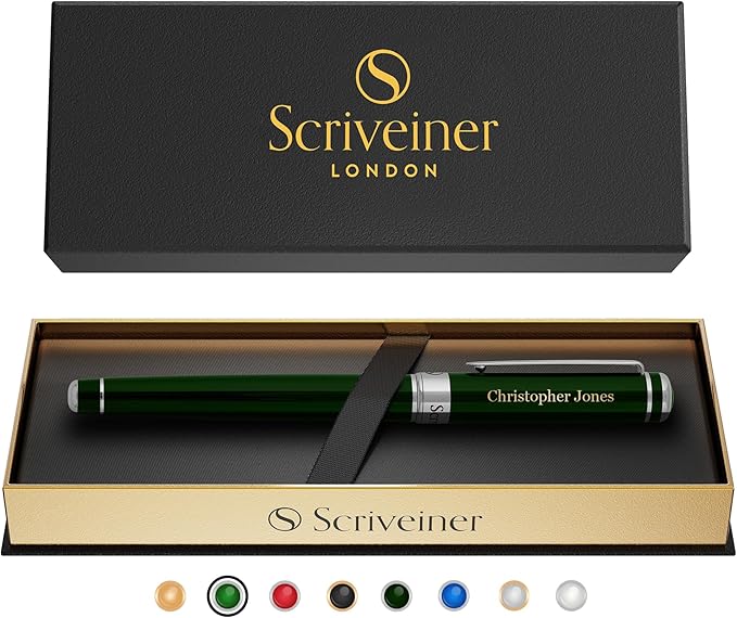 Scriveiner Personalized British Racing Green Pen - Stunning Green Lacquer Luxury Pen with Chrome Finish, Schmidt Ink Refill, Best Engraved Roller Ball Gift Set for Men & Women, Custom Name Engraving