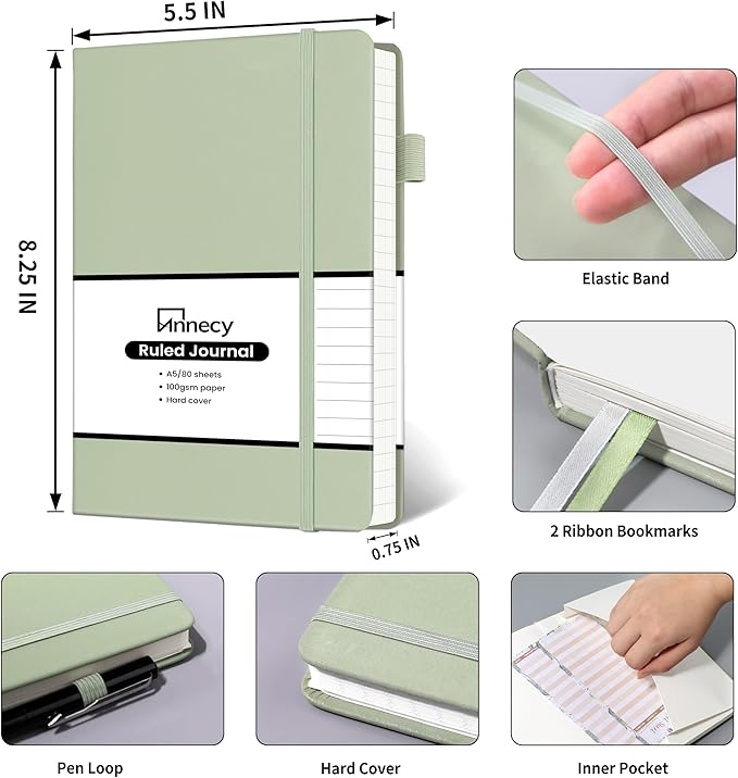 Annecy Lined Journal Notebook, Hardcover Numbered College Ruled Journal, Medium 5.5x 8.25, 160 Pages 100GSM Writing Paper, Grey Green