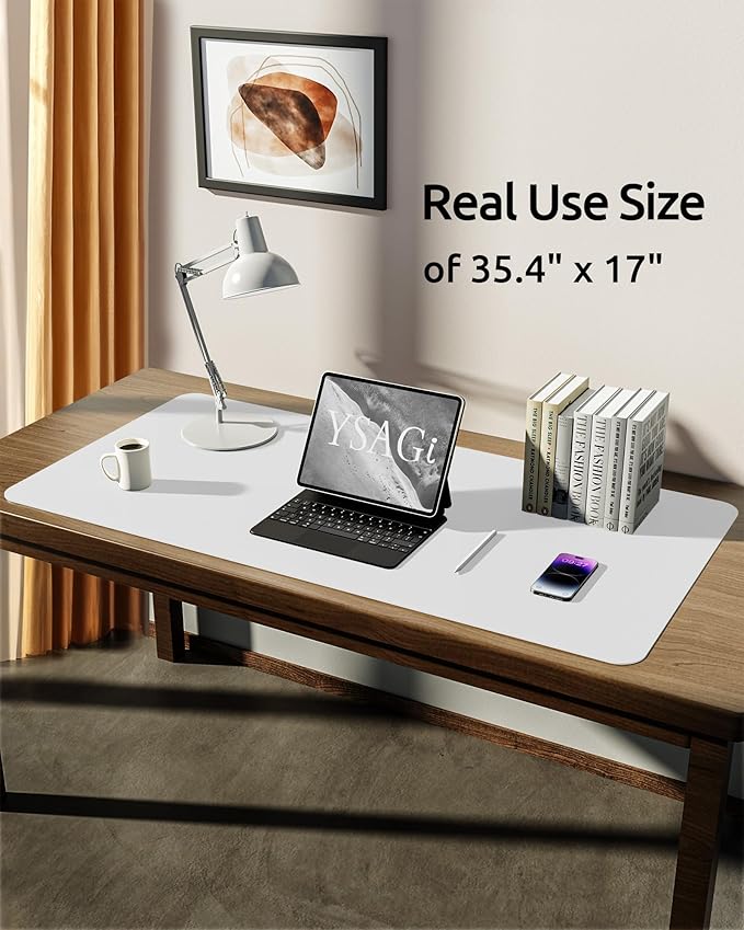 YSAGi Leather Desk Protector, Office Mat, Large Mouse Mat, Non-Slip PU Leather Blotter, Laptop Desk Pad, Waterproof Writing Pad for Office and Home (White, 35.4" x 17")