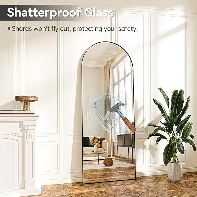 Hasipu Extra Large Arched Rectangular Full Length Wall Mirror, 81"L x 32"W, Black Aluminum Frame, Tempered Glass, Leaning/Wall Mount, Modern Style for Bedroom/Living Room