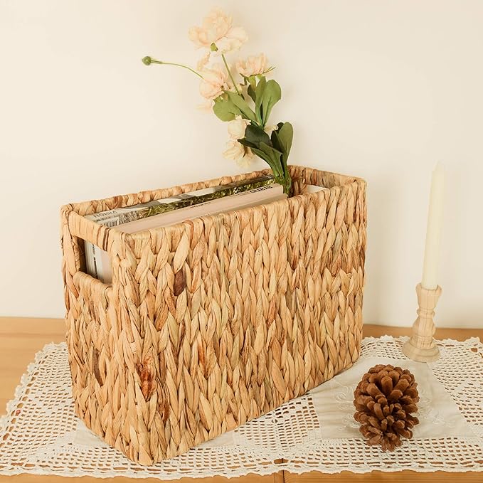 StorageWorks Hand-Woven Magazine Holder, Magazine Wicker Basket for Bathroom, Office, Rattan Magazine Holder, Natural Water Hyacinth, 1 Pack