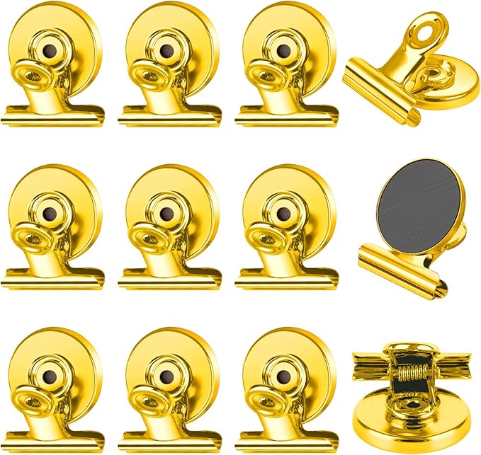 FINDMAG 12 Pack Magnetic Clips for Photo Display and Picture Hanging, Heavy Duty Scratch-Free Fridge Magnets, Strong Clips for Photo Display, Whiteboard, Office, Kitchen, School, 30mm Wide, Gold.