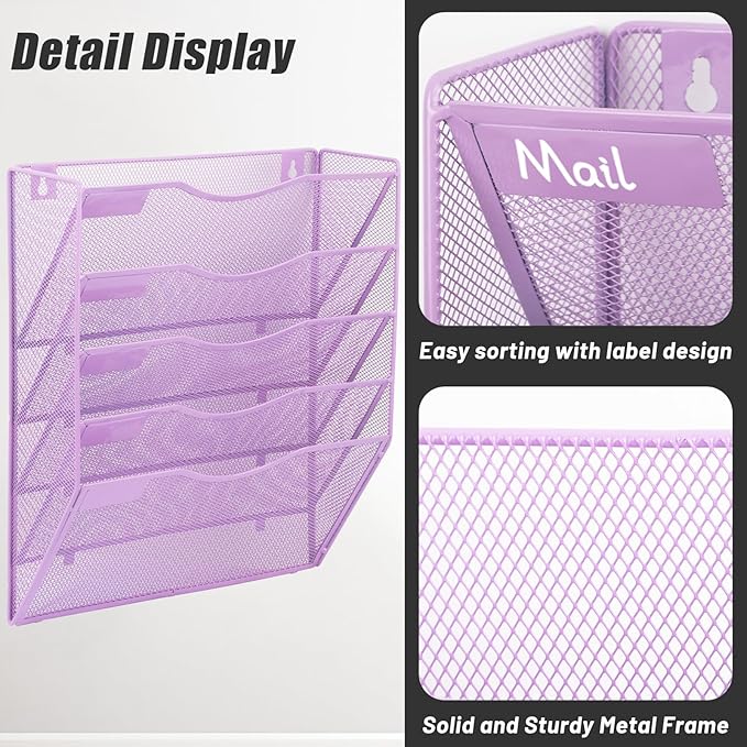 EASEPRES 5 Pocket Mesh Hanging Wall File Organizer, Wall Mounted Mail Paper Document Folder Holder, Clipboard Storage Organization Magazine Rack with Nametag Label for Office Home School, Light Purple