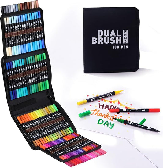 Dual Markers Brush Pens, 100 Coloring Pens and Fine Tips – Premium Art Supplies for Kids & Adults, Perfect for Coloring Books, Hand Lettering, Calligraphy, and Drawing