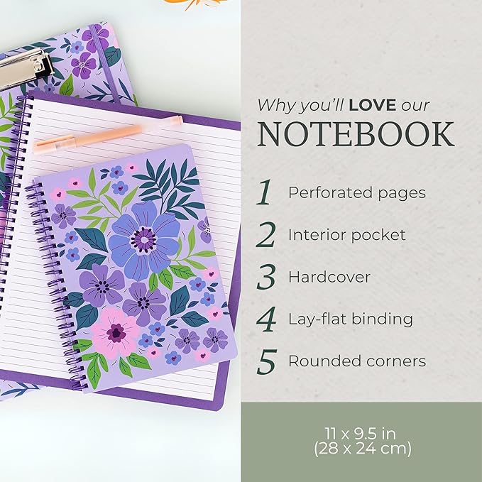 Steel Mill & Co Cute Large Spiral Notebook College Ruled, 11" x 9.5" with Durable Hardcover and 160 Lined Pages, Lilac Floral