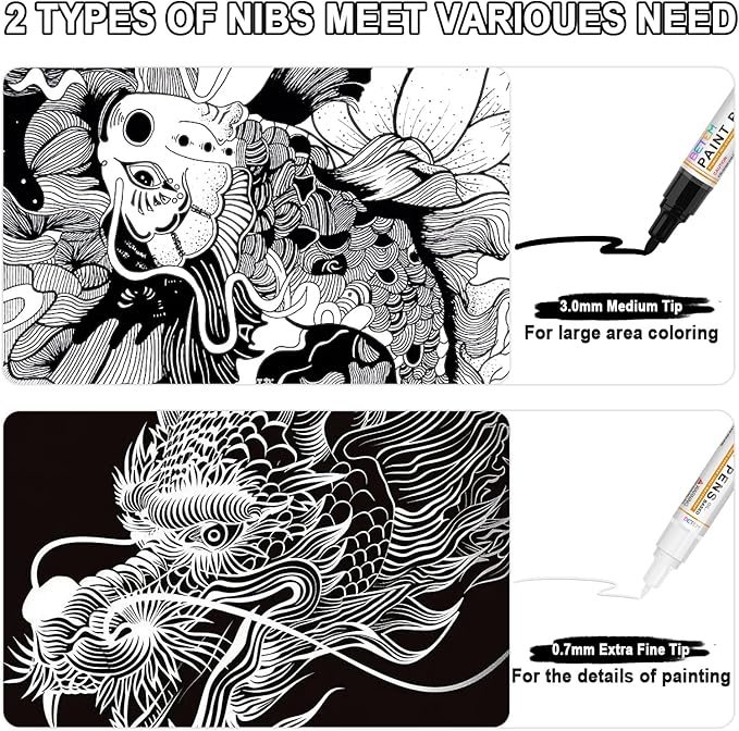 Betem 4 Count Dual Tip Oil Based White Black Paint Markers Pens(0.7mm & 3mm), Permanent Paint Marker, Waterproof, Quick Dry, for Rock Painting, Wood, Plastic, Metal, Canvas(2White 2Black)