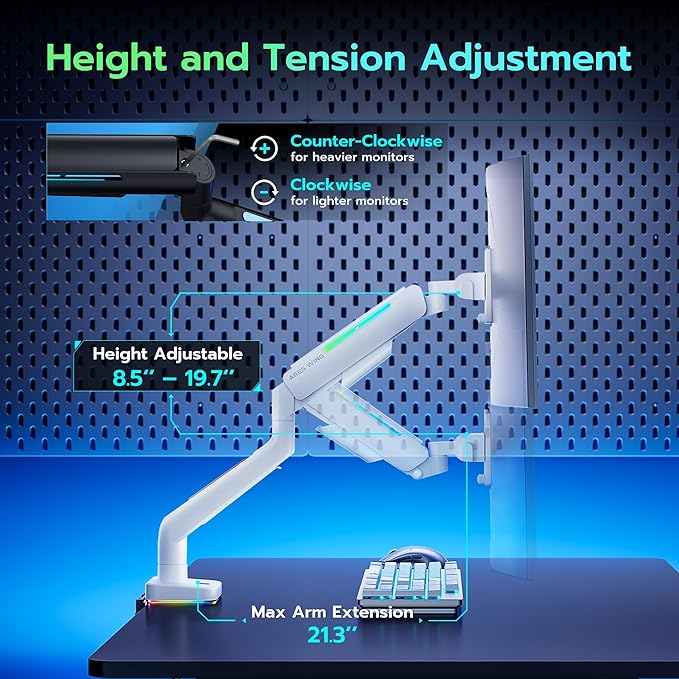 Ultrawide Monitor arm for 17-49'' Heavy Duty Screen up to 44lbs, Gas Spring Single Monitor Arm with RGB Light, Adjustable Gaming Computer Monitor Arm for Desk, White