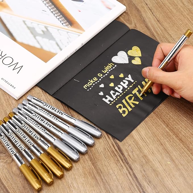 LOONENG Gold and Silver Marker Metallic, Fine Point Gold and Silver Markers Permanent Metallic for Artist Illustration, Crafts, Gift Card Making, Scrapbooking, Fabric, DIY Photo Album, 8 Count