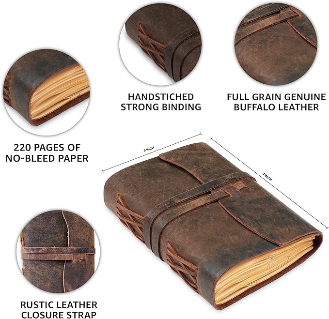 LEATHER VILLAGE Leather Bound Journal - Dark Brown, 7"X5", 220 Pages - Vintage Blank Paper Diary for Writing, Drawing, Sketchbook, and Travel Notebook - Ideal for Women and Men