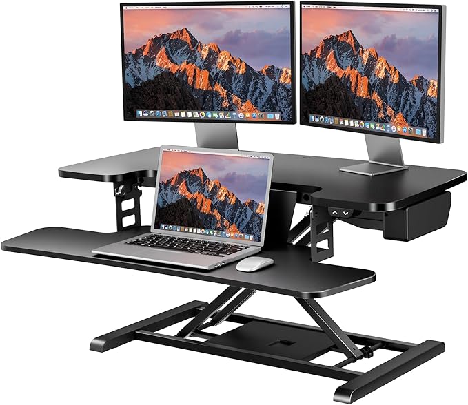 SANODESK 35" Electric Standing Desk Converter,Height Adjustable Riser for Office Home, Monitor and Laptop Workstation with Large Keyboard Tray,Black Color